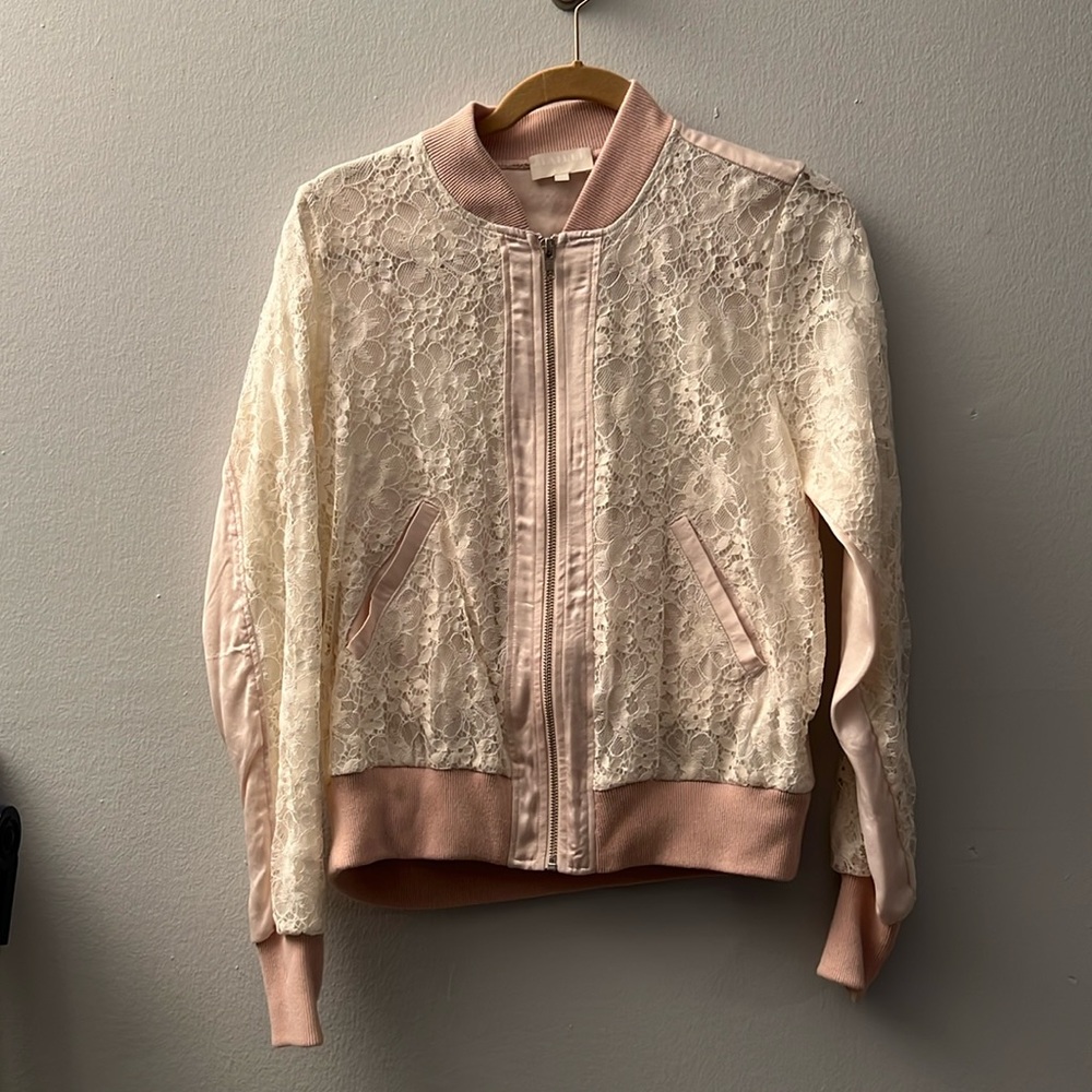 Lace Bomber Jacket in Cream and Pink